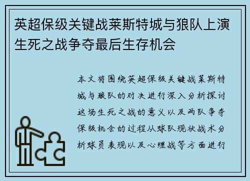 英超保级关键战莱斯特城与狼队上演生死之战争夺最后生存机会 英超保级关键战莱斯特城与狼队上演生死之战争夺最后生存机会
